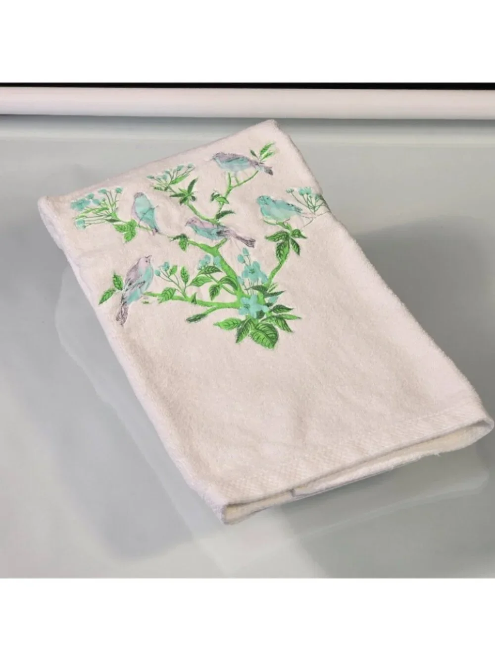 Vintage Martex Bath Towel Birds Flowers Blue Green Made In USA
